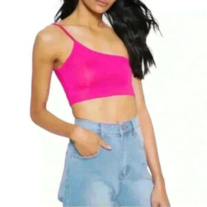 PrettyLittleThing Basic Hot Pink One Shoulder Strappy Crop Top